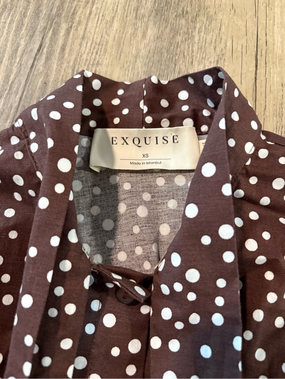 Anthropologie The Tobie Tie Neck Shirt Dress by Exquise Brown Polka Dot Size XS - Picture 4 of 13
